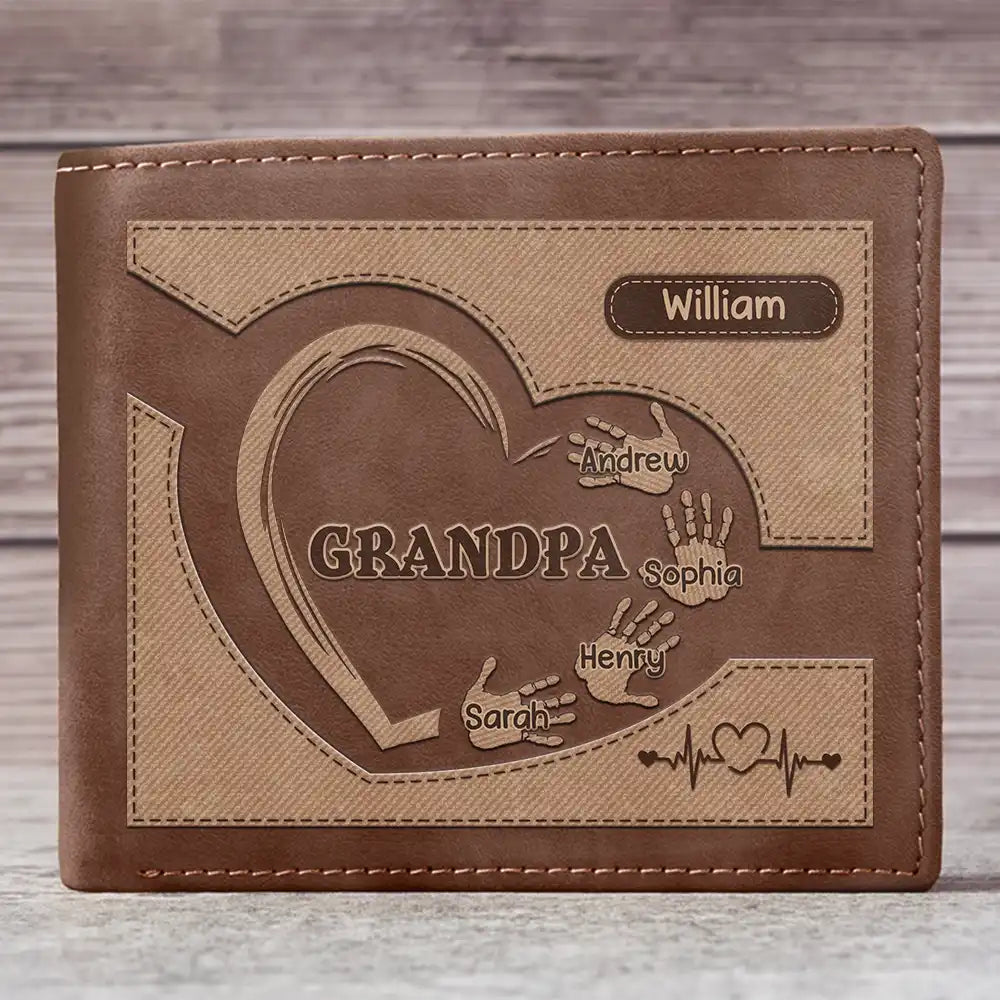 Grandpa Dad Kids Handprints - Personalized Leather Wallet