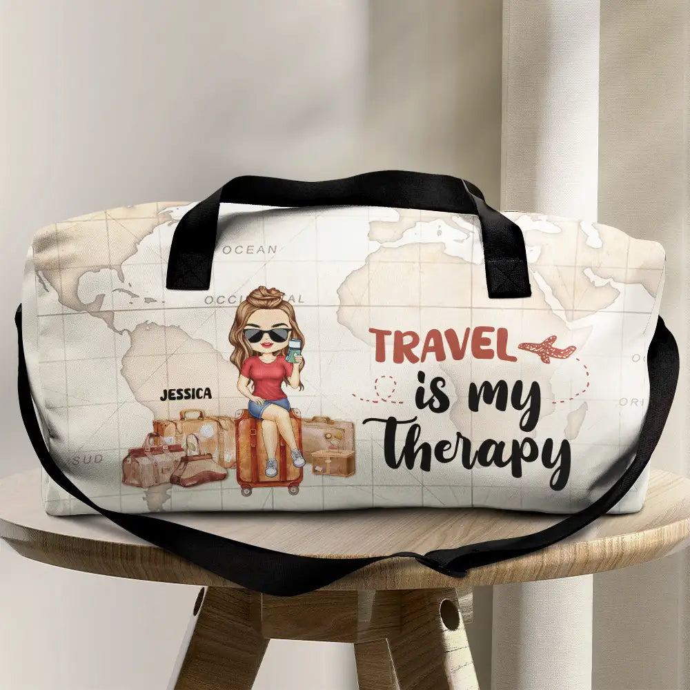 Travel Is My Therapy Vintage World Map Personalized Duffle Bag