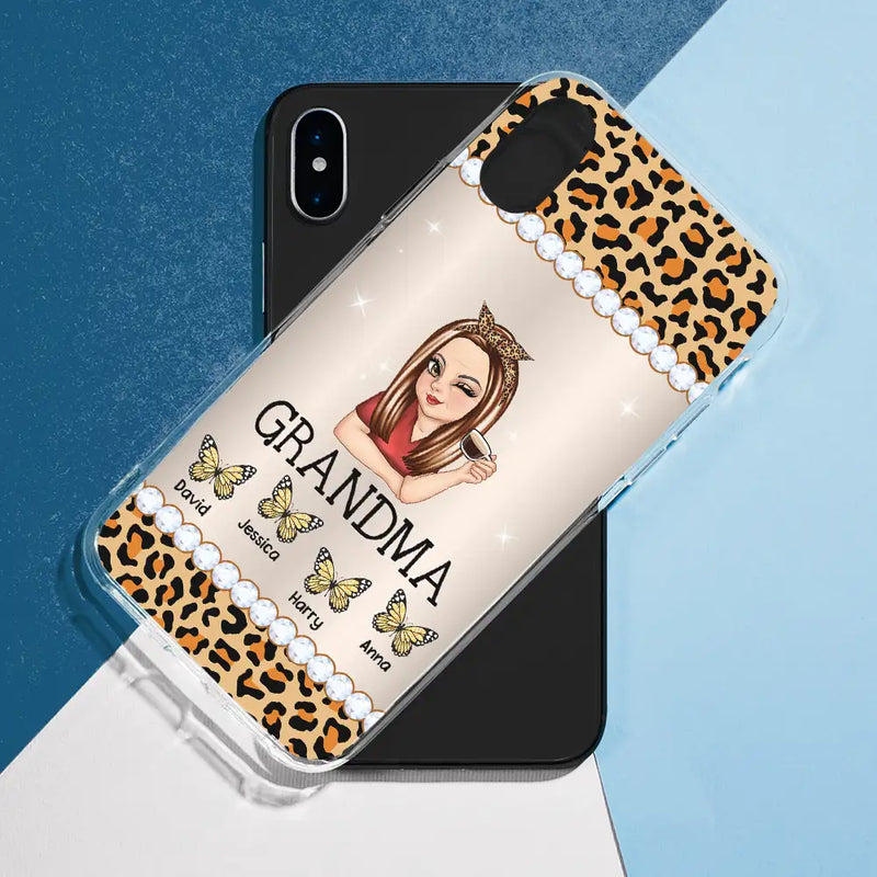 Mom Grandma Kids Butterflies Leopard Pattern - Personalized Clear Phone Case