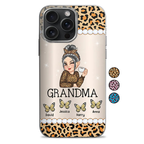 Coque de téléphone transparente personnalisée avec motif léopard et papillons pour maman, grand-mère et enfants