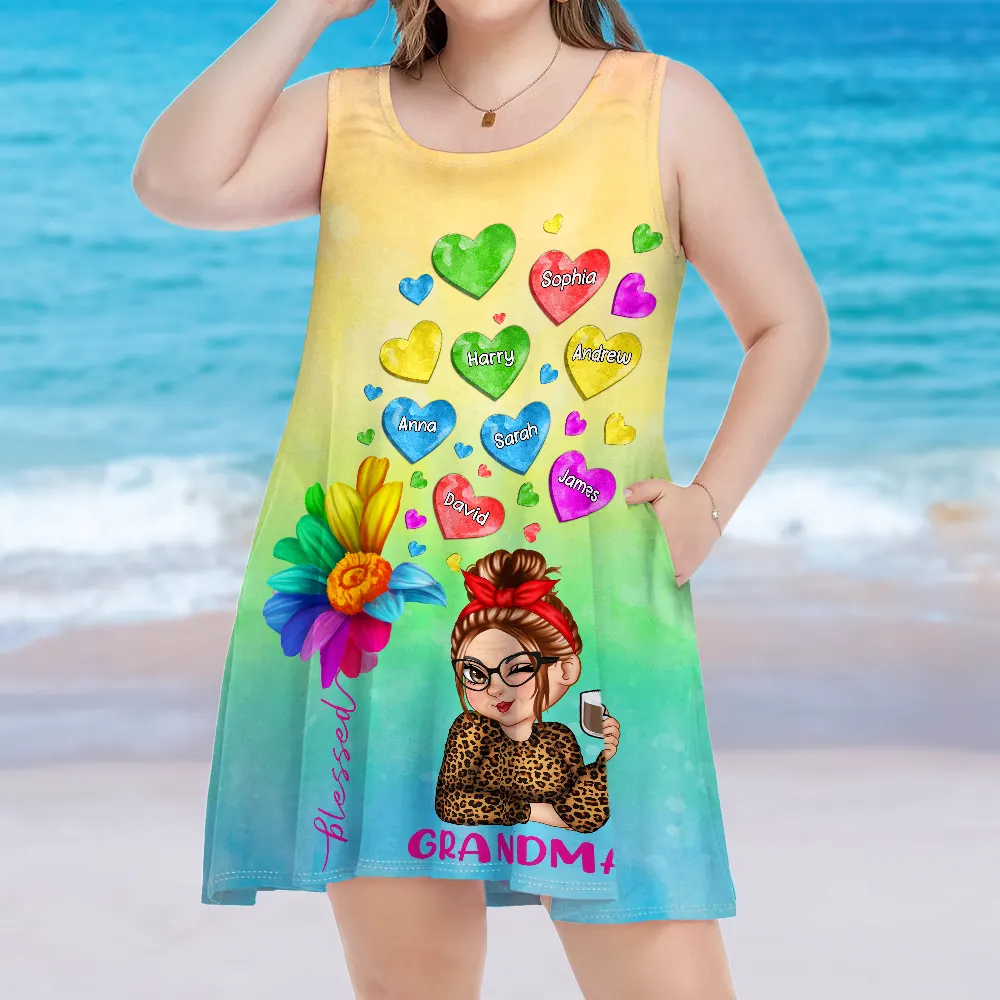 Robe débardeur sans manches personnalisée avec motif cœur et fleurs colorées pour grand-mère 
