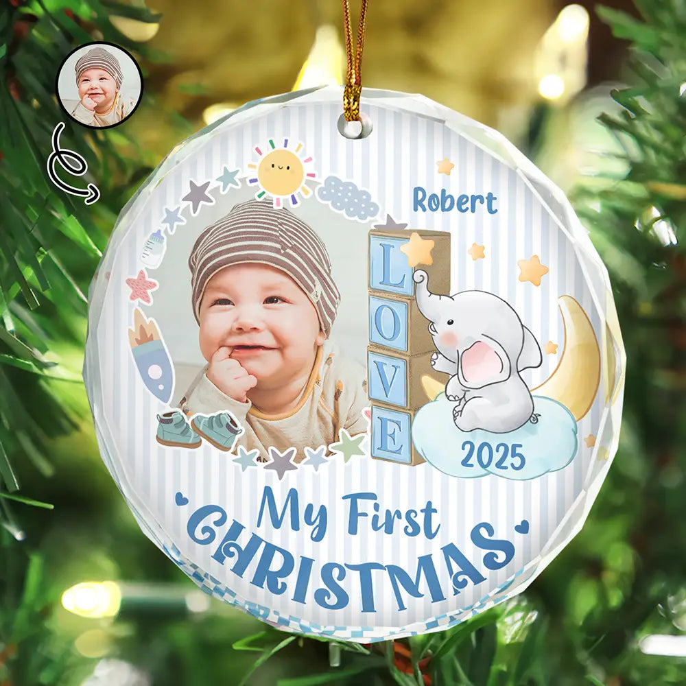 Custom Photo First Christmas Elephant Star - Personalized Circle Glass Ornament
