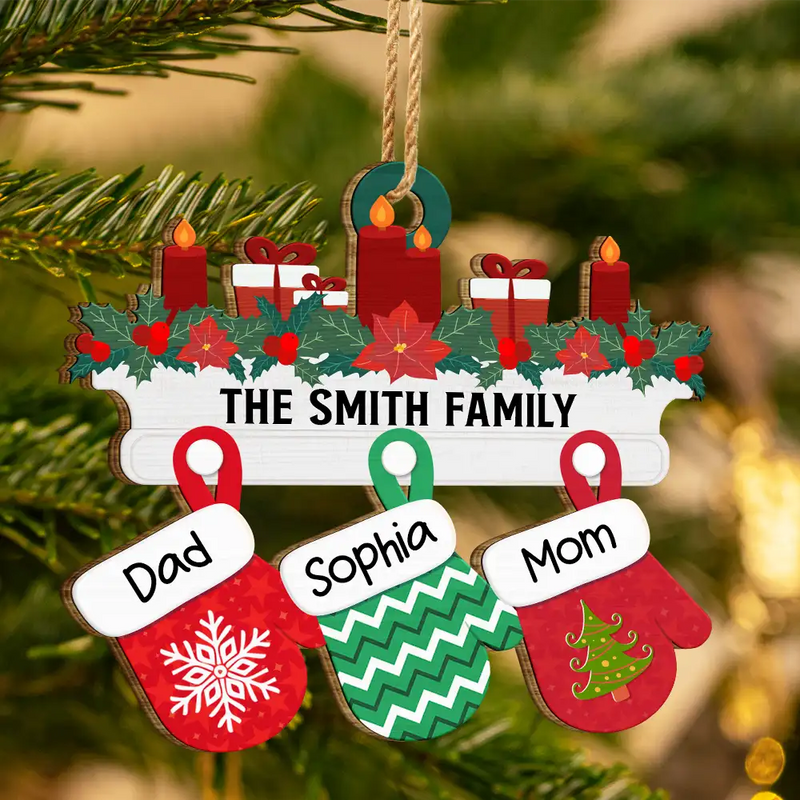 Christmas Family Warm Mittens - Personalized Wooden Cutout Ornament