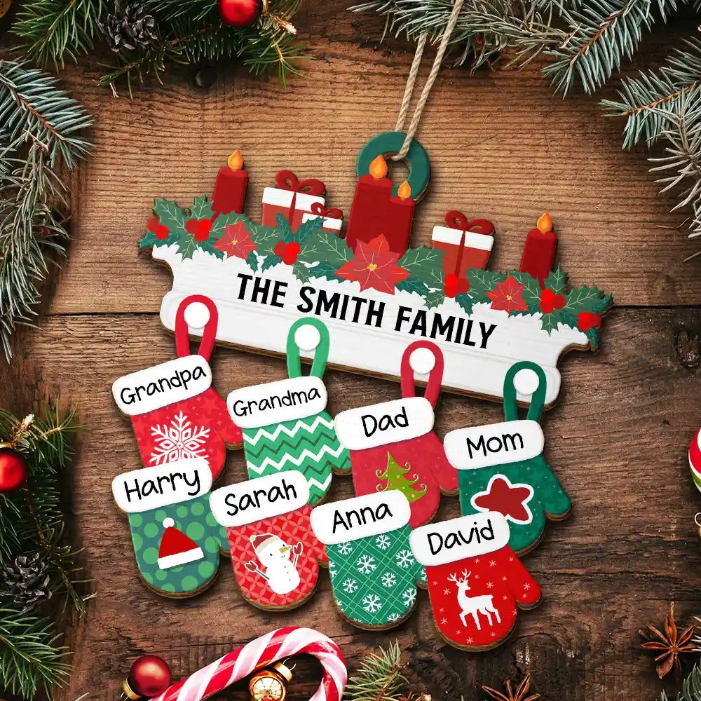 Christmas Family Warm Mittens - Personalized Wooden Cutout Ornament