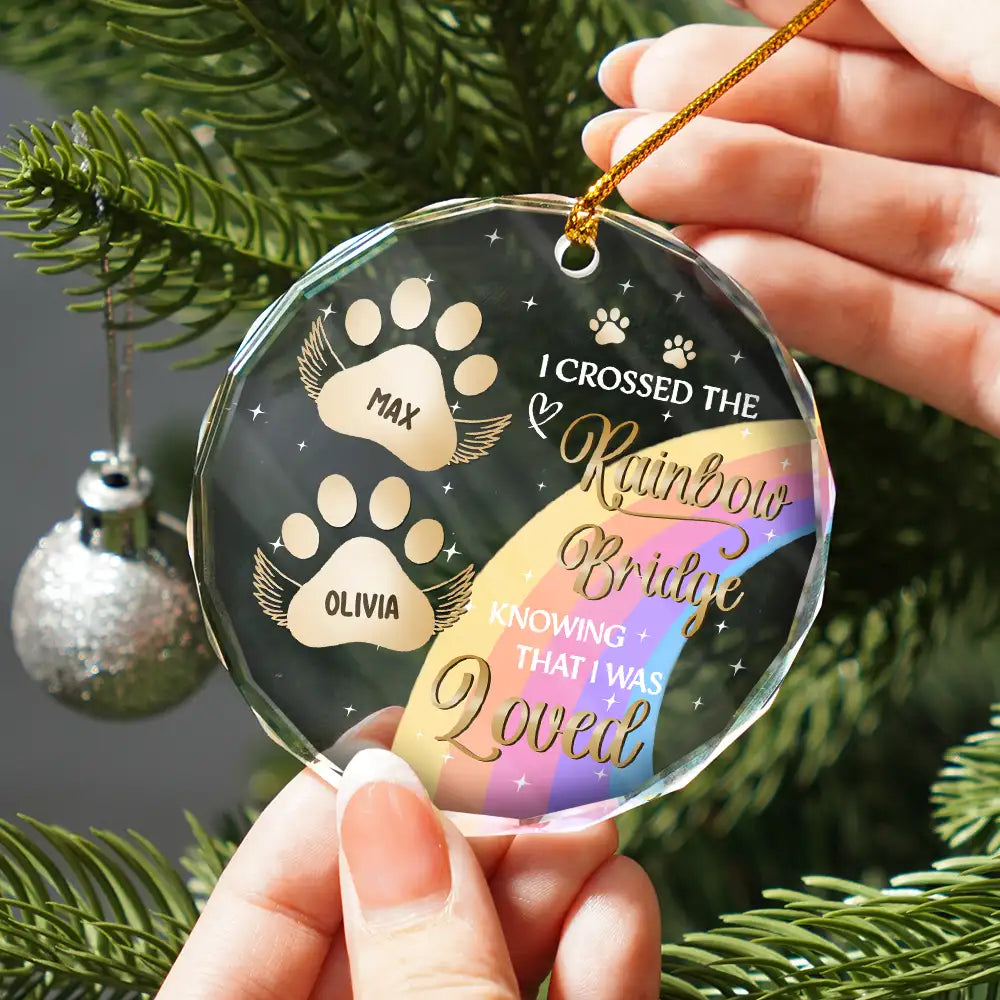 Pet Dad, Pet Mom, Pet Lovers, Memorial - I Crossed The Rainbow Bridge Memorial Pet - Personalized Circle Glass Ornament