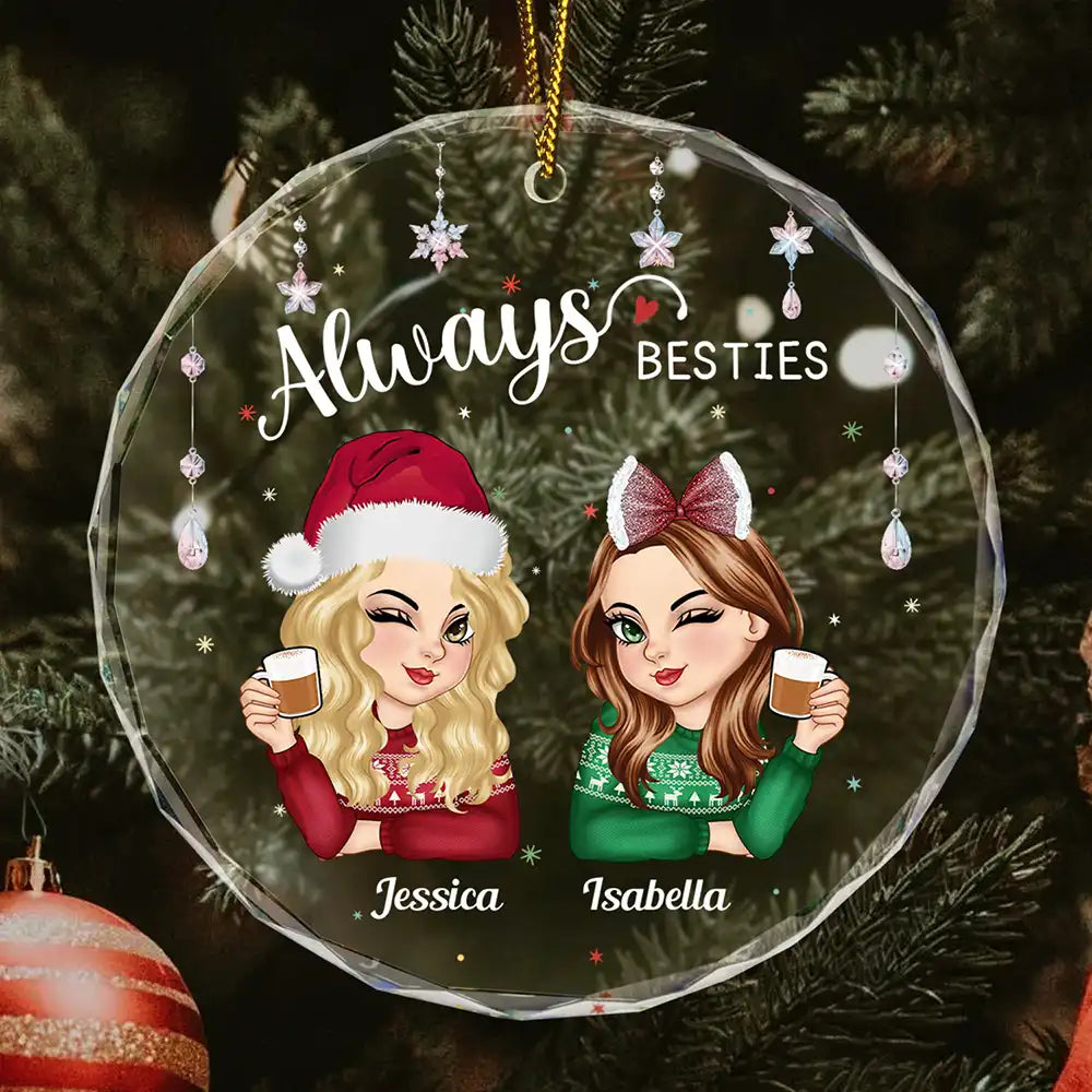 Always Besties Sisters Christmas - Personalized Circle Glass Ornament