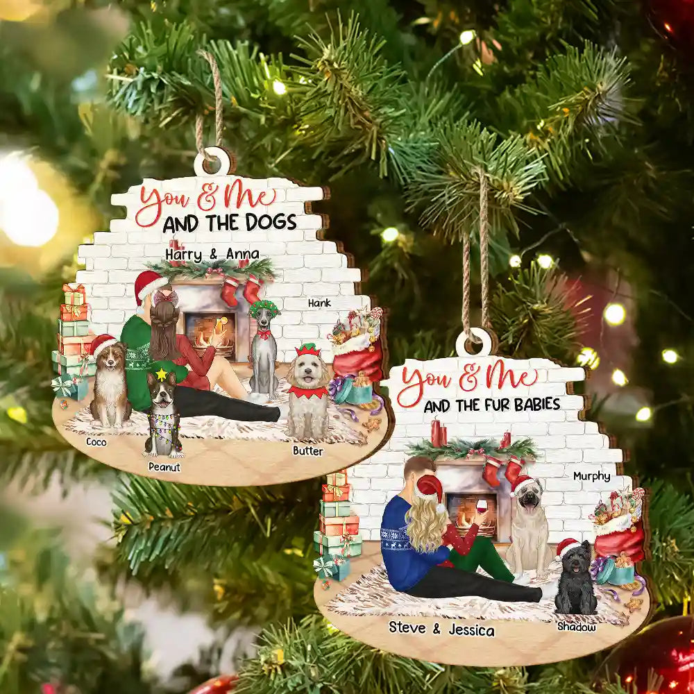 You And Me And The Dogs Hug Couples Christmas - Personalized Custom Shaped Wooden Ornament