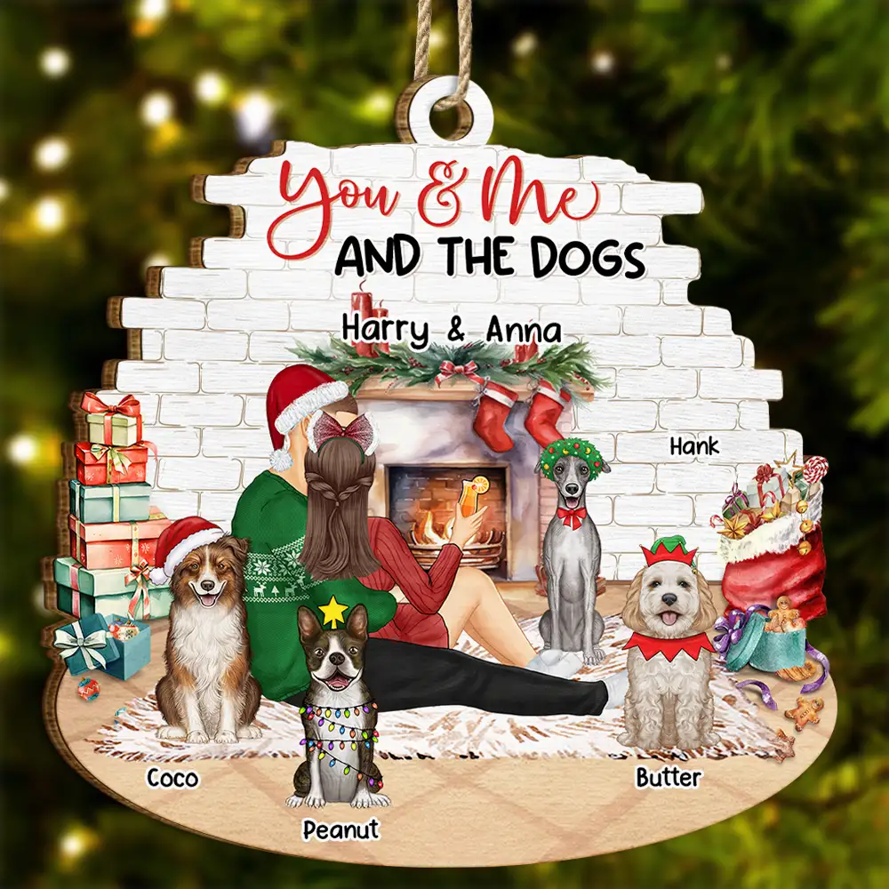 You And Me And The Dogs Hug Couples Christmas - Personalized Custom Shaped Wooden Ornament