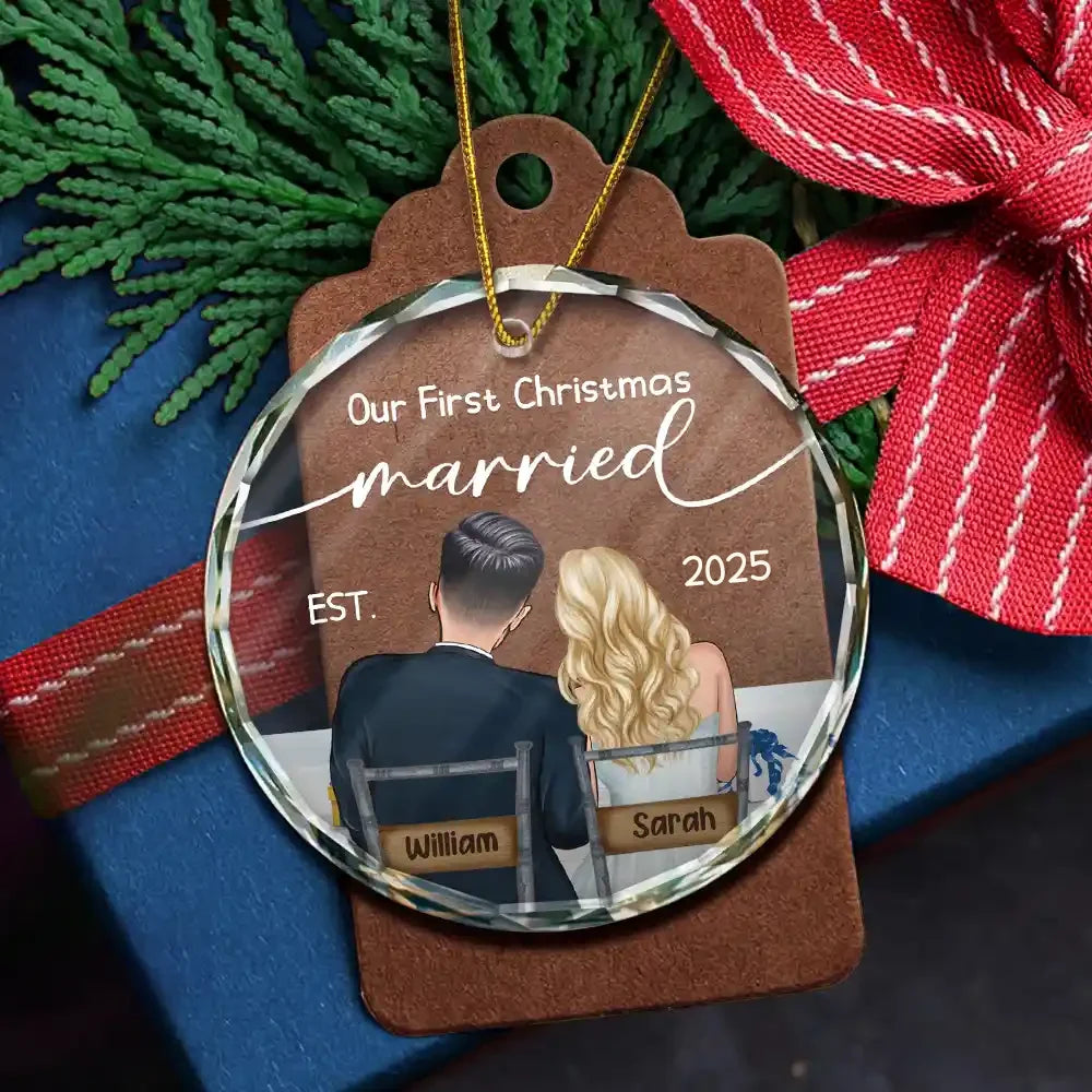 Gift For Couples - Our First Christmas Married Couples - Personalized Circle Glass Ornament