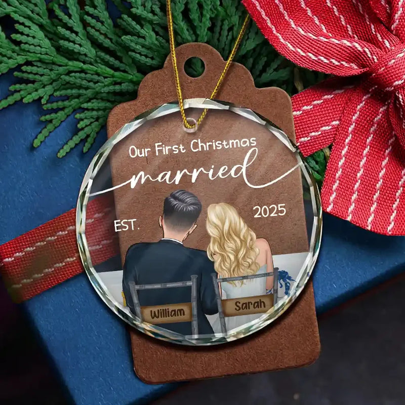 Gift For Couples - Our First Christmas Married Couples - Personalized Circle Glass Ornament