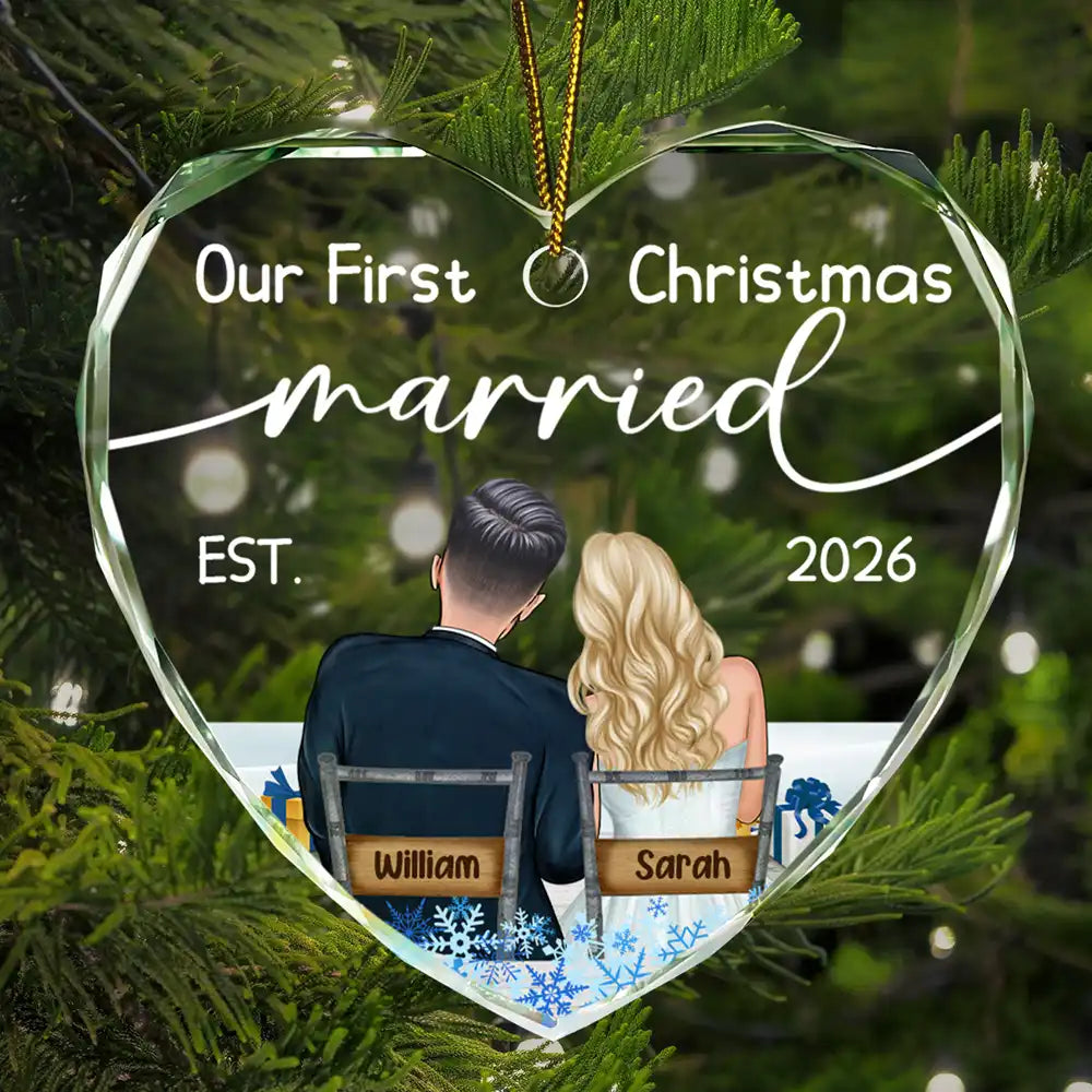 Our First Christmas Married Couples - Personalized Heart Shaped Glass Ornament