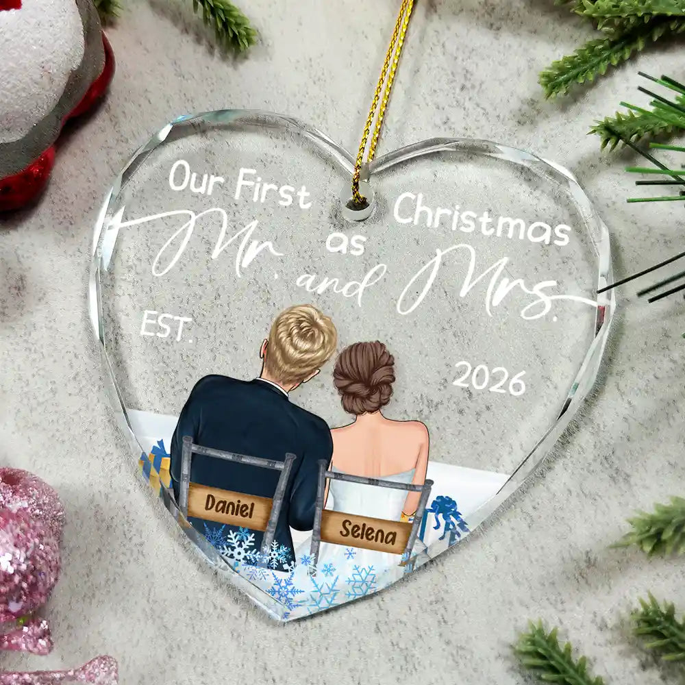 Our First Christmas Married Couples - Personalized Heart Shaped Glass Ornament