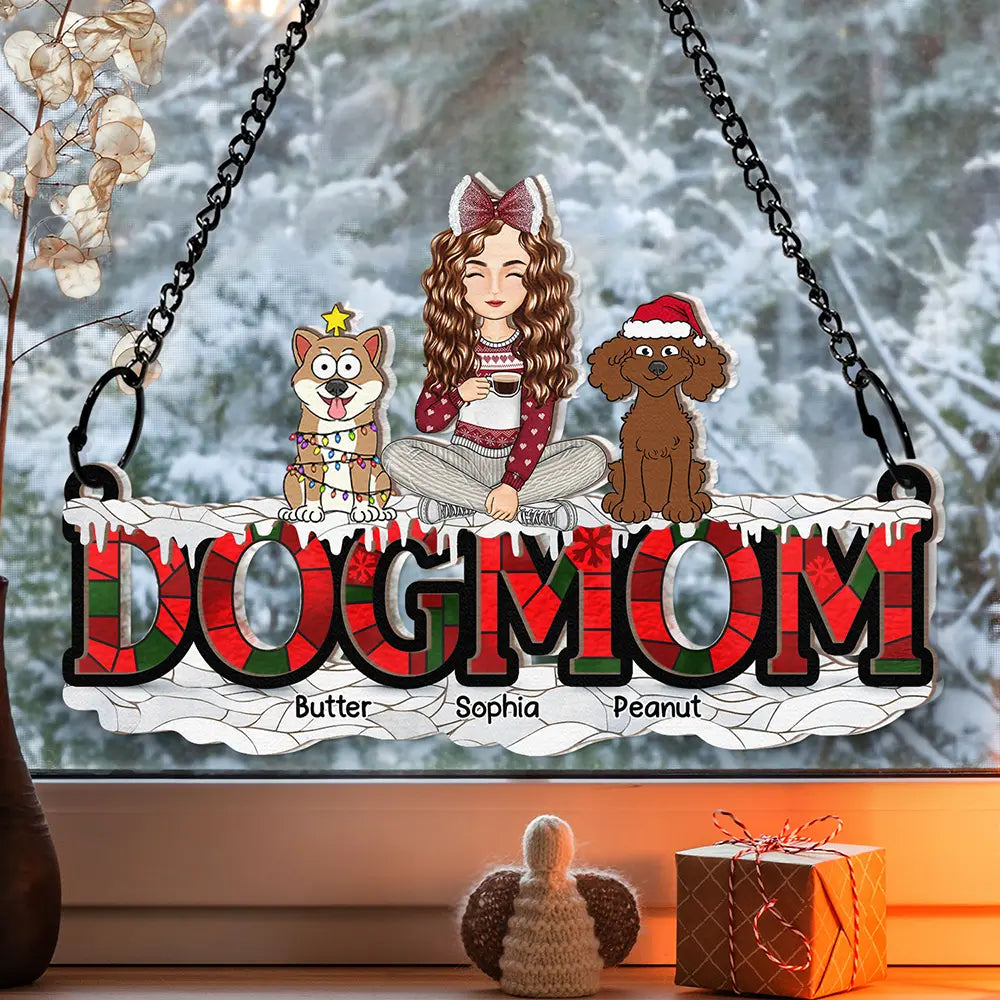 Dog Lovers, Gift For Women - Christmas Dog Mom Cartoon Style - Personalized Window Hanging Suncatcher Ornament