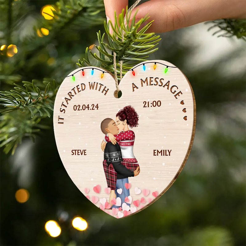 Gift For Couple - Started With A Message Couples Christmas - Personalized Custom Shaped Wooden Ornament