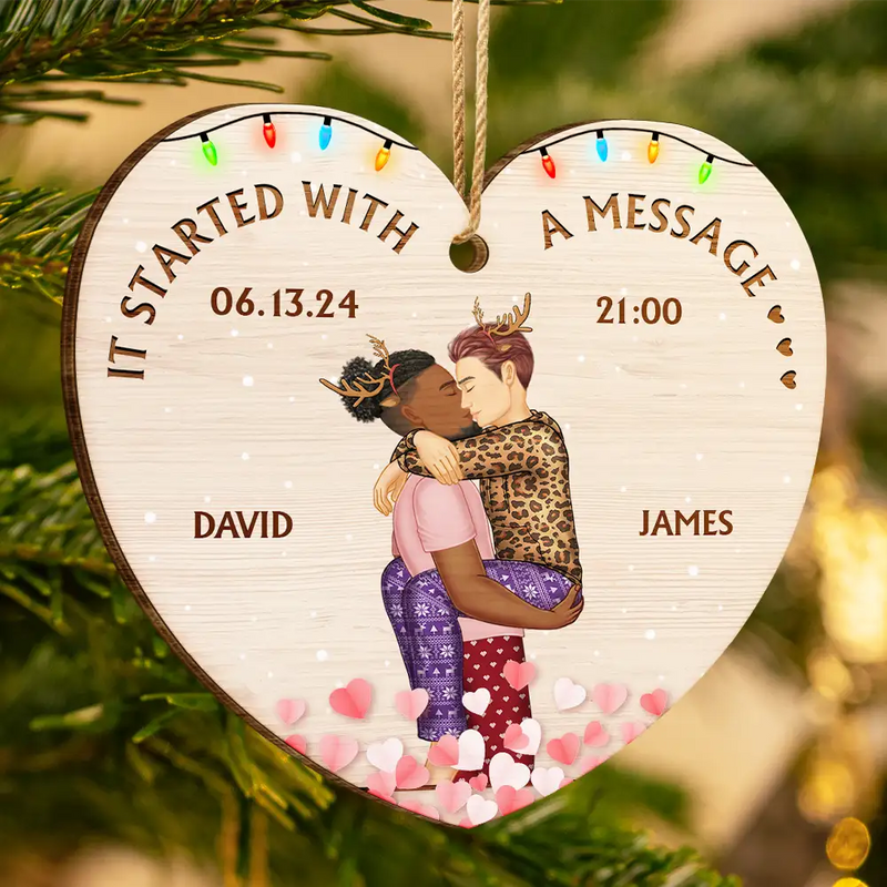Gift For Couple - Started With A Message Couples Christmas - Personalized Custom Shaped Wooden Ornament