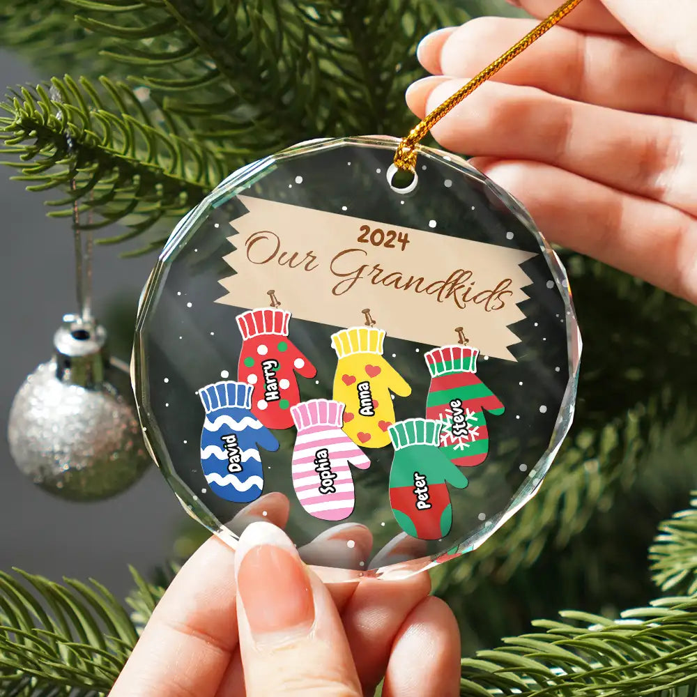Gift For Grandparents - Mittens With Grandkids Names Christmas - Personalized Circle Glass Ornament