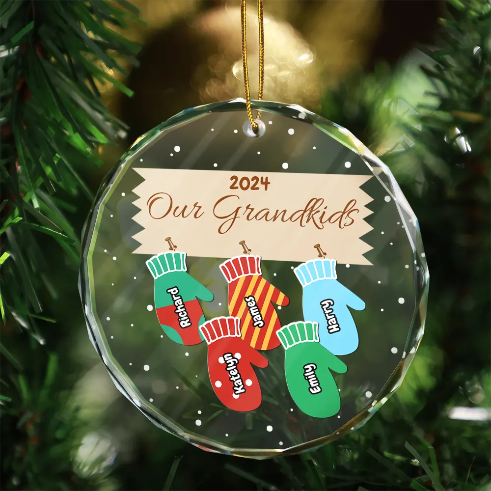 Gift For Grandparents - Mittens With Grandkids Names Christmas - Personalized Circle Glass Ornament