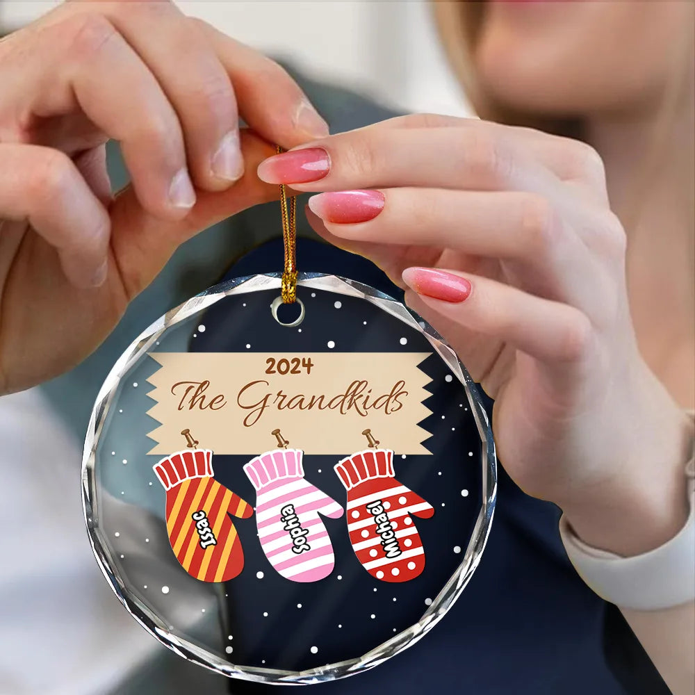 Gift For Grandparents - Mittens With Grandkids Names Christmas - Personalized Circle Glass Ornament