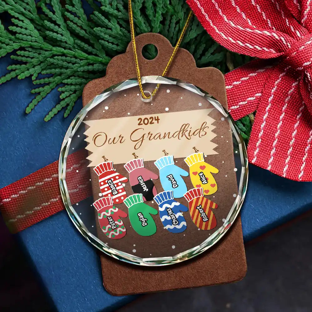 Gift For Grandparents - Mittens With Grandkids Names Christmas - Personalized Circle Glass Ornament