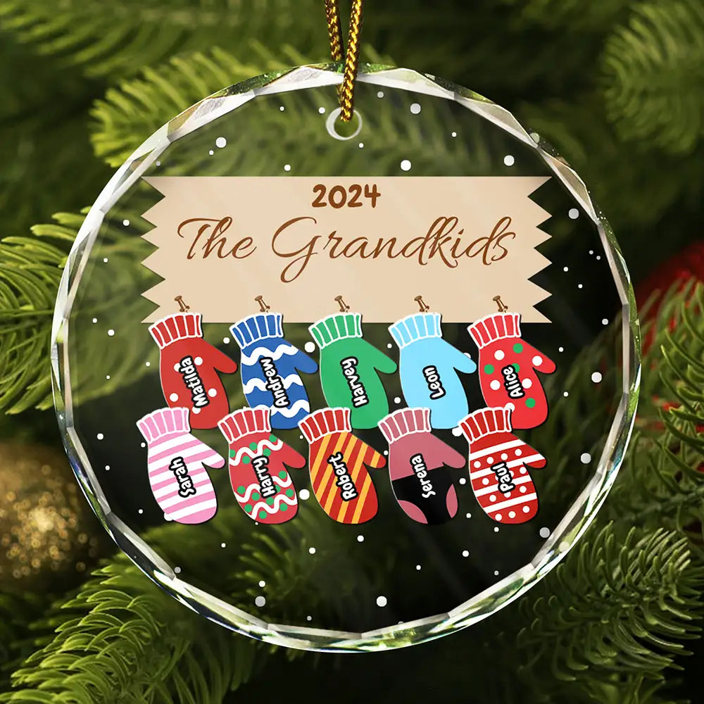 Mittens With Grandkids Names Christmas - Personalized Circle Glass Ornament