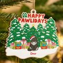 Pet Lovers, Dog Lovers, Cat Lovers - Happy Pawlidays Christmas Dogs Cats Sitting - Personalized Custom Shaped Wooden Ornament