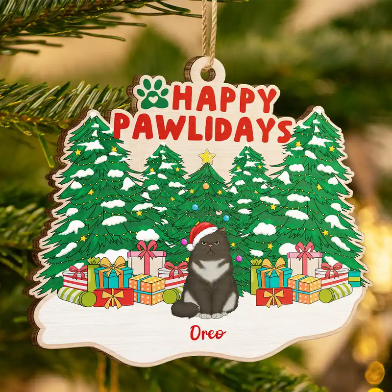 Pet Lovers, Dog Lovers, Cat Lovers - Happy Pawlidays Christmas Dogs Cats Sitting - Personalized Custom Shaped Wooden Ornament