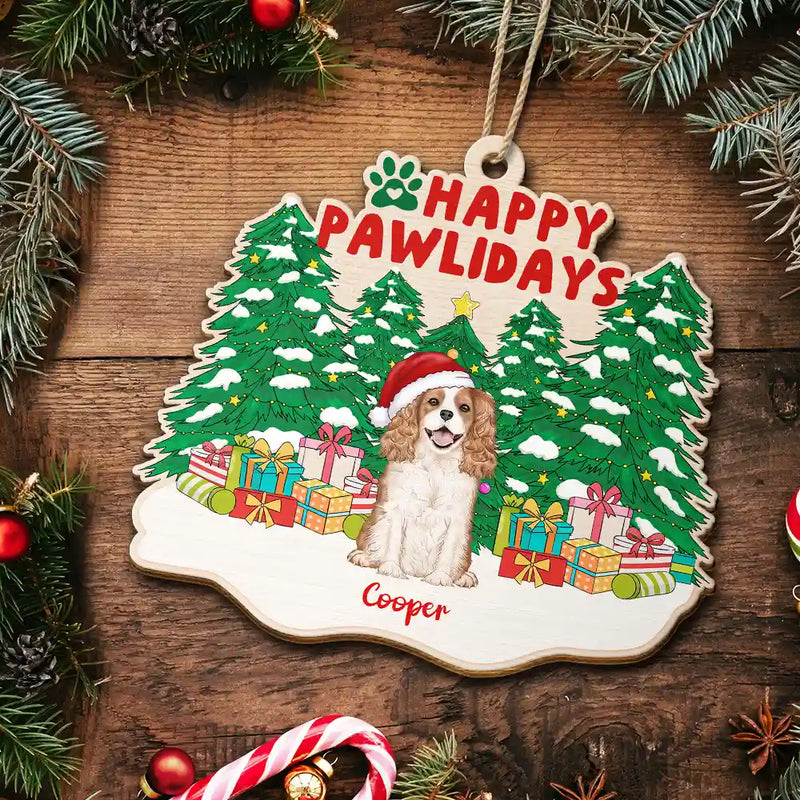 Pet Lovers, Dog Lovers, Cat Lovers - Happy Pawlidays Christmas Dogs Cats Sitting - Personalized Custom Shaped Wooden Ornament