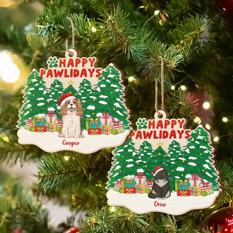 Pet Lovers, Dog Lovers, Cat Lovers - Happy Pawlidays Christmas Dogs Cats Sitting - Personalized Custom Shaped Wooden Ornament