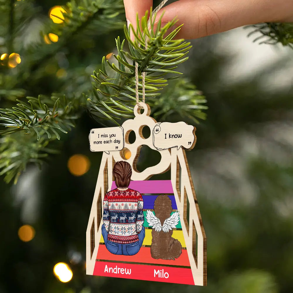 Christmas,Memorial,Pet Lovers,Dog Lovers,Cat Lovers,Sad - Memorial Cat Dog We Will Meet Again At The Rainbow Bridge - Personalized Wooden Cutout Ornament