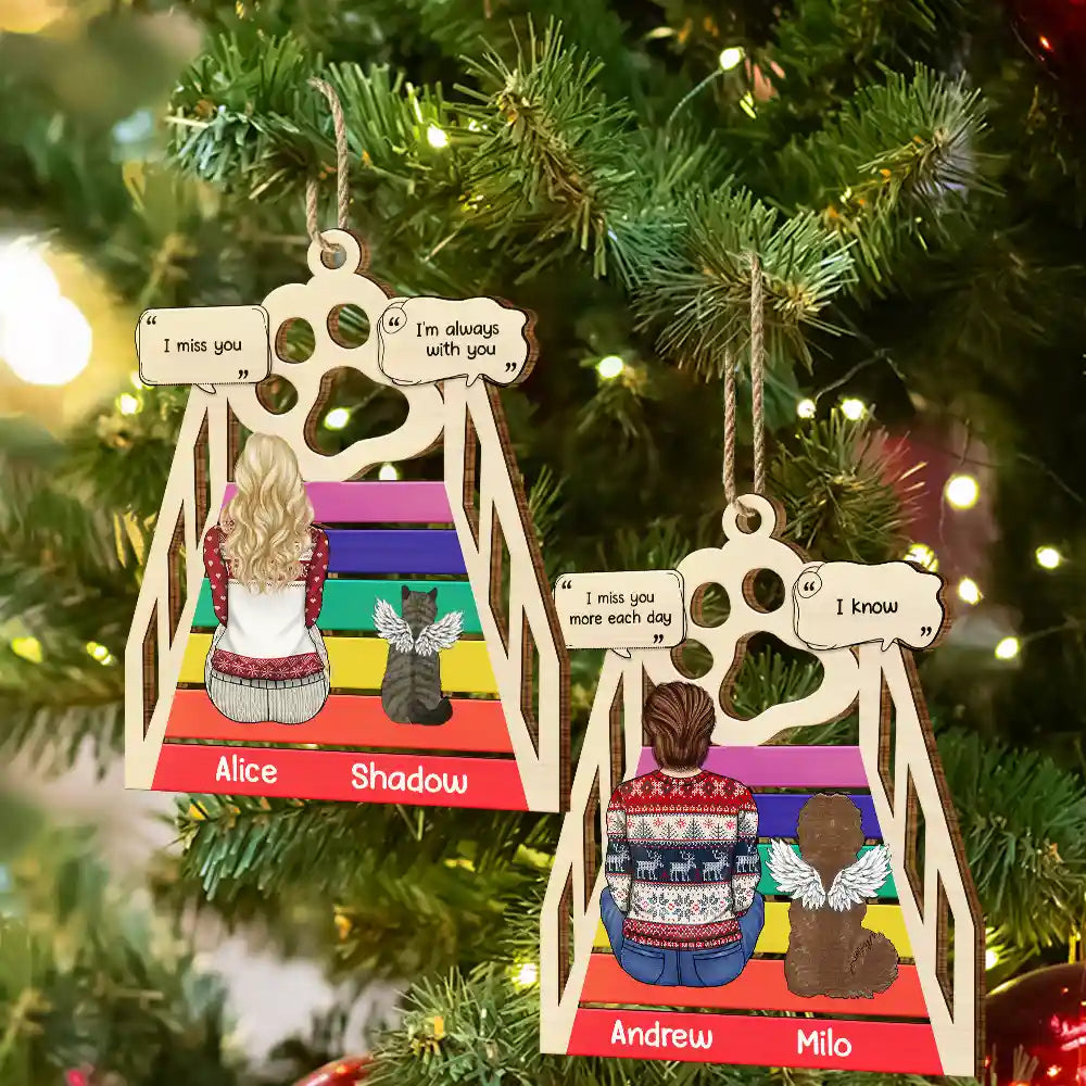 Christmas,Memorial,Pet Lovers,Dog Lovers,Cat Lovers,Sad - Memorial Cat Dog We Will Meet Again At The Rainbow Bridge - Personalized Wooden Cutout Ornament
