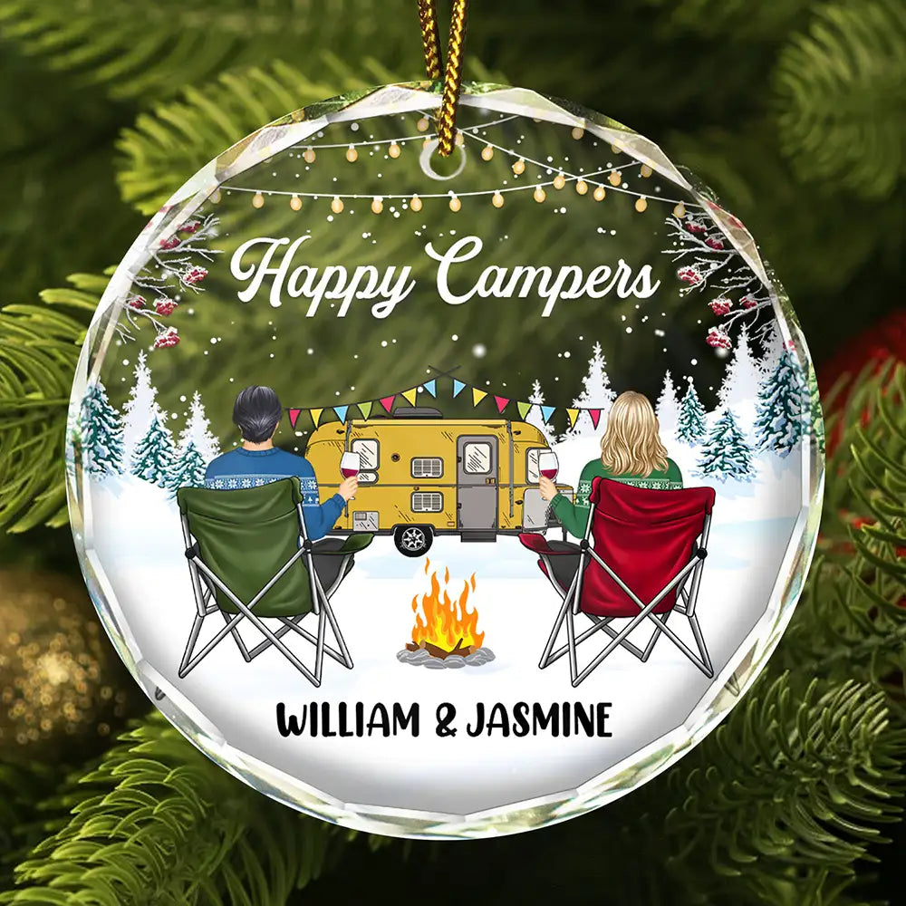 Happy Campers Christmas - Personalized Circle Glass Ornament