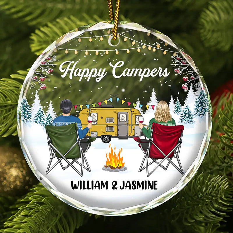 Christmas,Camping,Campsite,Gift For Couples,Gift For Husband,Gift For Wife,Gift For Boyfriend,Gift For Girlfriend,Happy - Happy Campers Christmas - Personalized Circle Glass Ornament