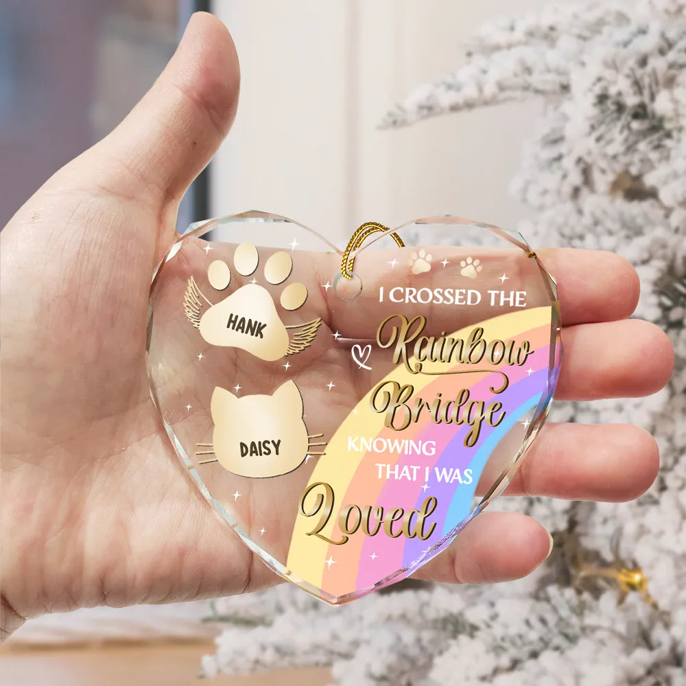 Pet Lovers - I Crossed The Rainbow Bridge Memorial Pet - Personalized Heart Shaped Glass Ornament