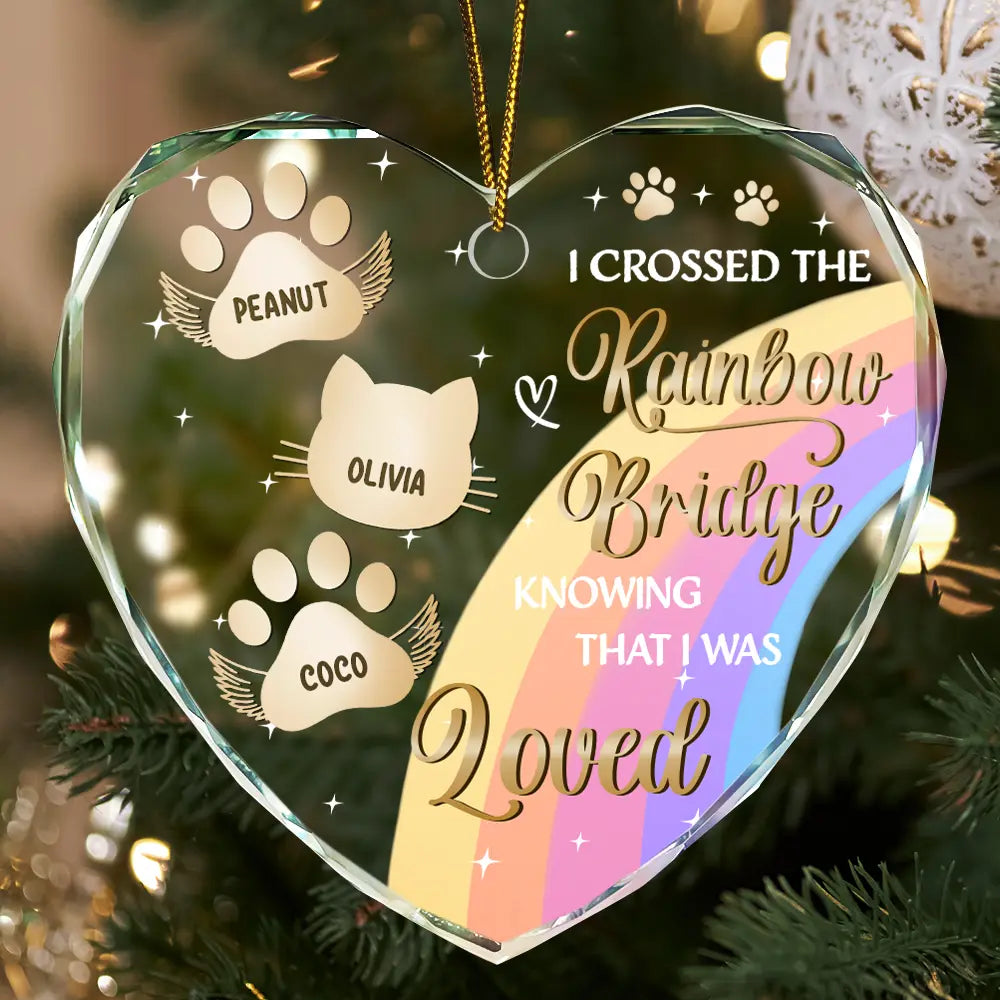 Pet Lovers - I Crossed The Rainbow Bridge Memorial Pet - Personalized Heart Shaped Glass Ornament