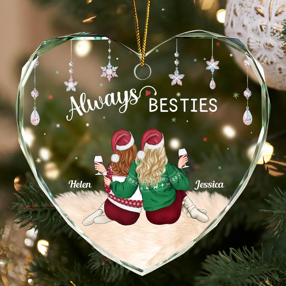 Always Besties Christmas - Personalized Heart Shaped Glass Ornament