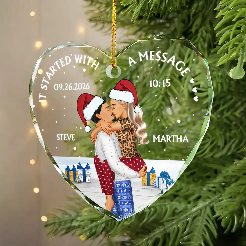 Started With A Message Couples Christmas - Personalized Heart Shaped Glass Ornament
