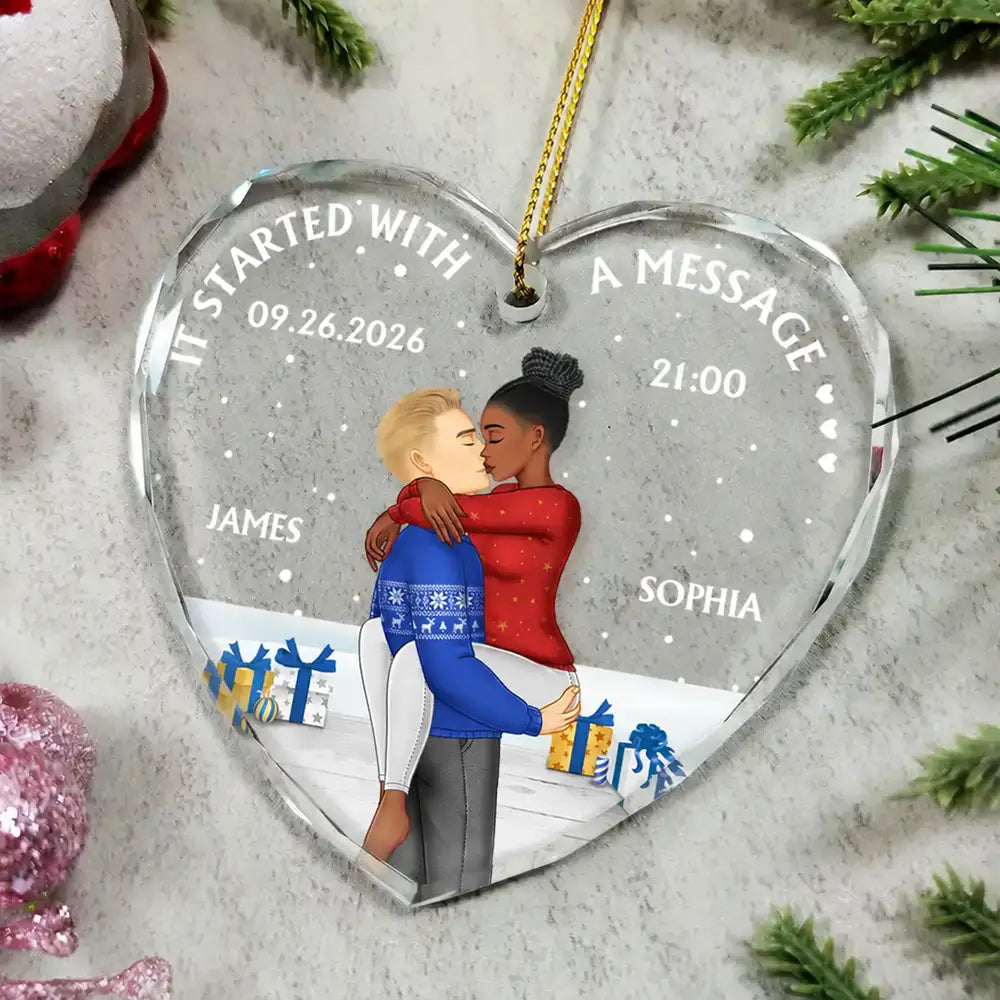 Started With A Message Couples Christmas - Personalized Heart Shaped Glass Ornament