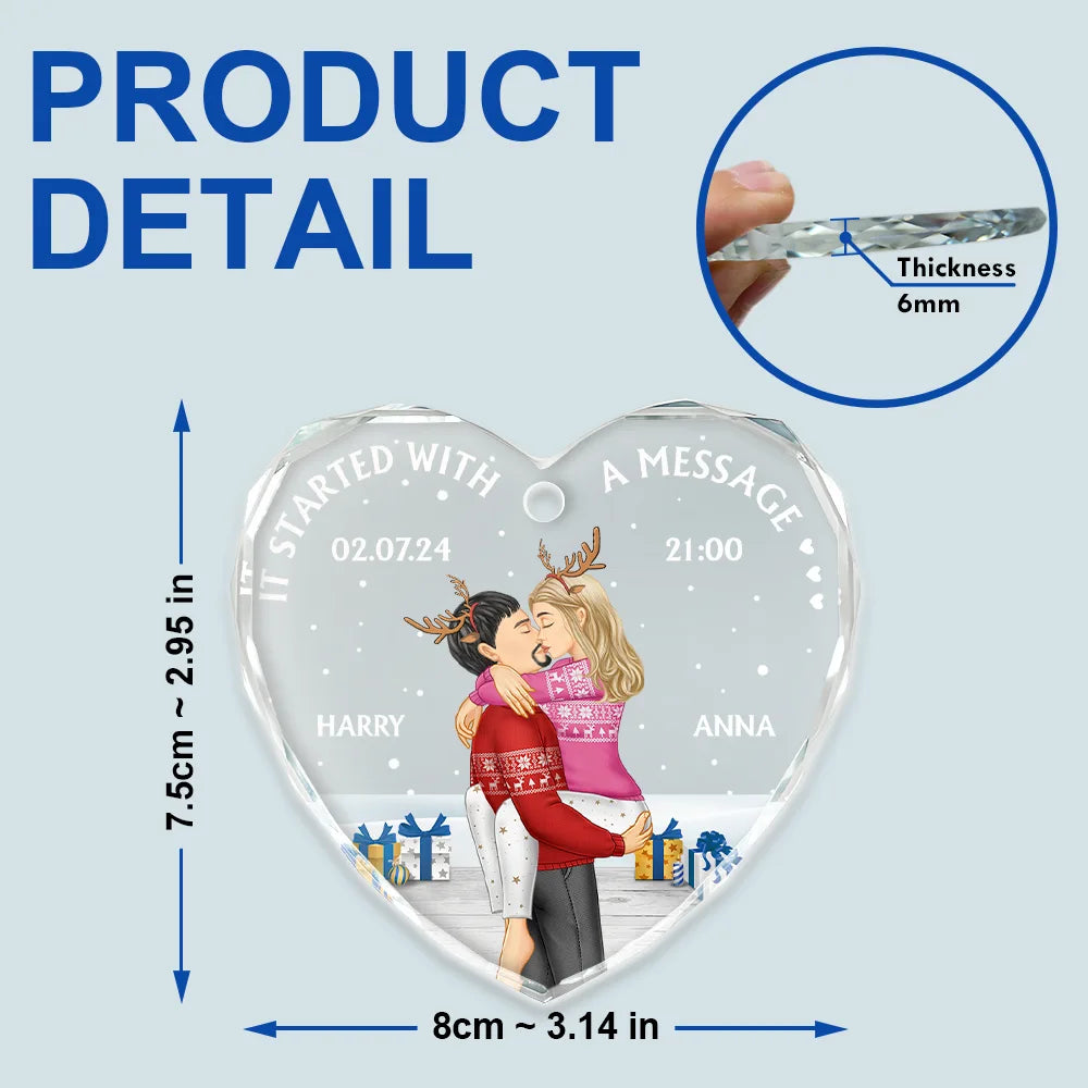 Gift For Couples, Gift For Husband, Gift For Wife, Gift For Boyfriend, Gift For Girlfriend - Started With A Message Couples Christmas - Personalized Heart Shaped Glass Ornament