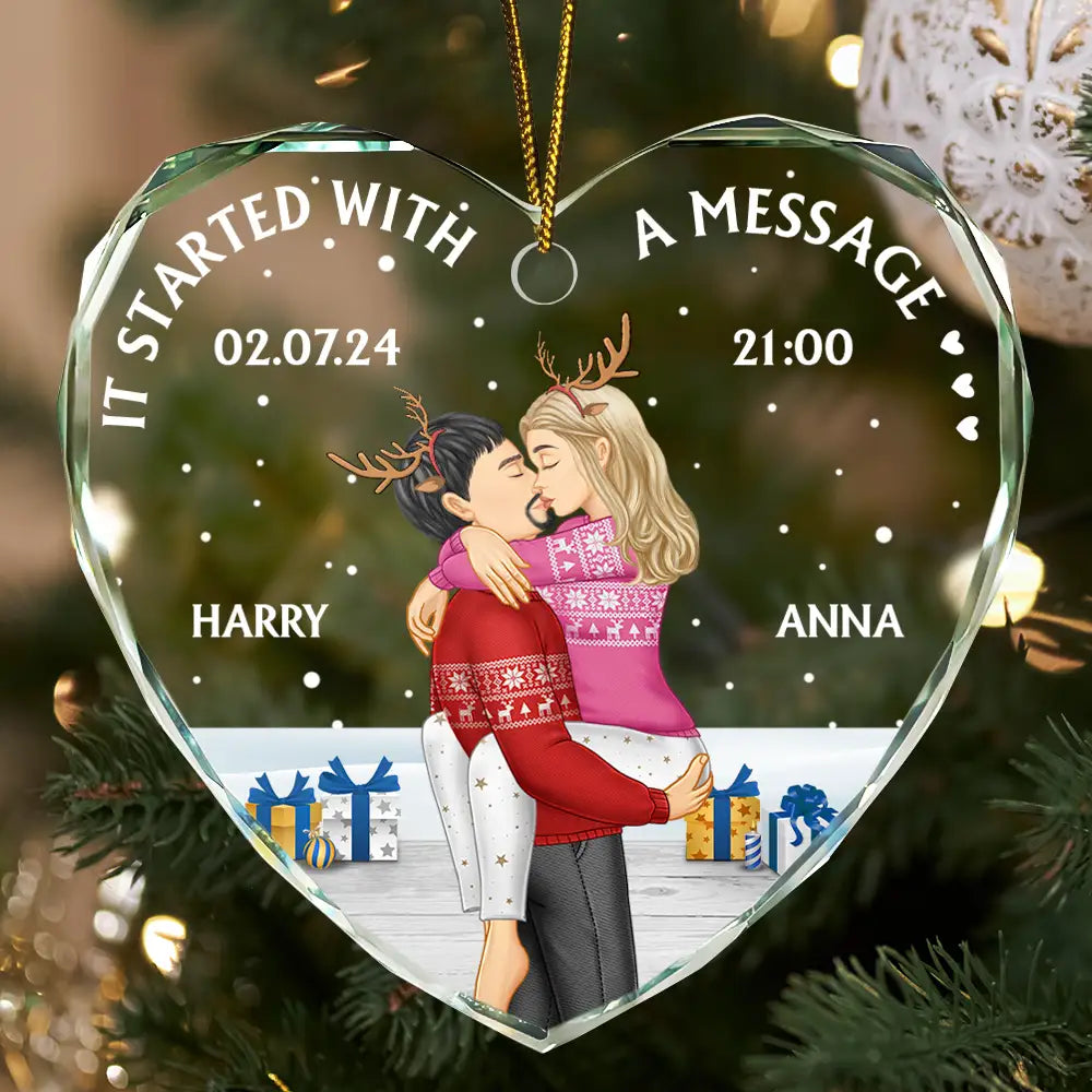 Started With A Message Couples Christmas - Personalized Heart Shaped Glass Ornament