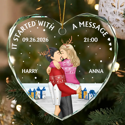 Started With A Message Couples Christmas - Personalized Heart Shaped Glass Ornament