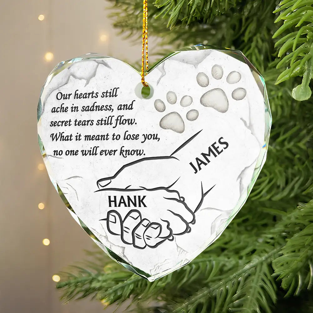 Memorial, Dog Lovers - Dog Memorial Our Hearts Still Ache In Sadness - Personalized Heart Shaped Glass Ornament