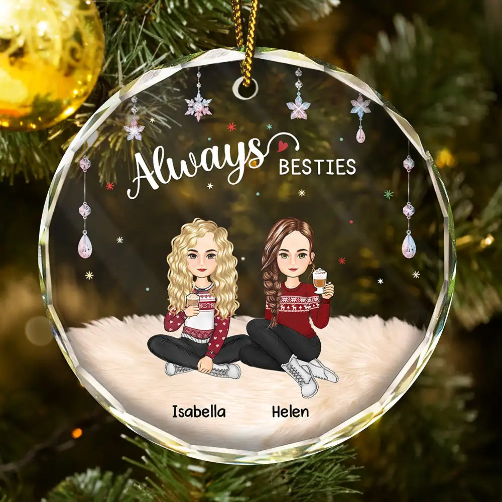 Always Besties Sisters Cartoon - Personalized Circle Glass Ornament