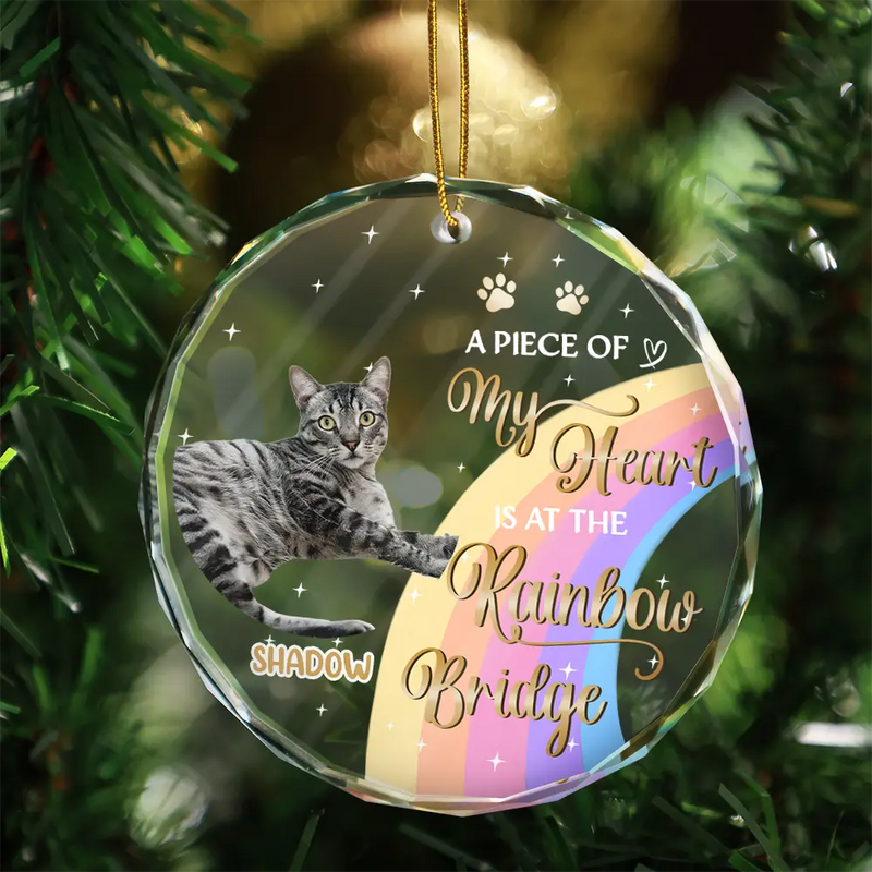 Memorial, Pet Lovers - Custom Photo I Crossed The Rainbow Bridge Memorial Pet - Personalized Circle Glass Ornament