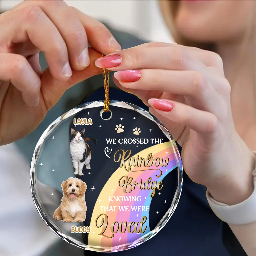 Memorial, Pet Lovers - Custom Photo I Crossed The Rainbow Bridge Memorial Pet - Personalized Circle Glass Ornament