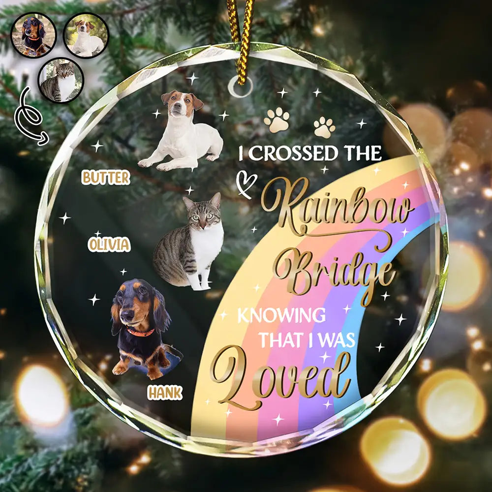 Memorial, Pet Lovers - Custom Photo I Crossed The Rainbow Bridge Memorial Pet - Personalized Circle Glass Ornament