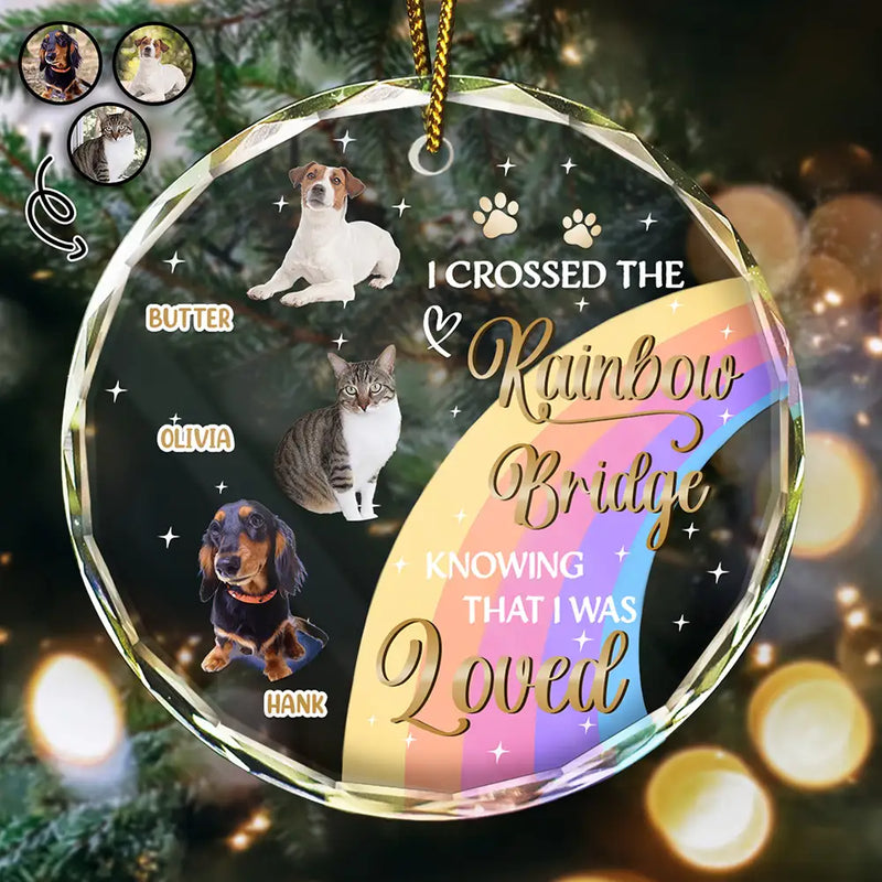 Memorial, Pet Lovers - Custom Photo I Crossed The Rainbow Bridge Memorial Pet - Personalized Circle Glass Ornament