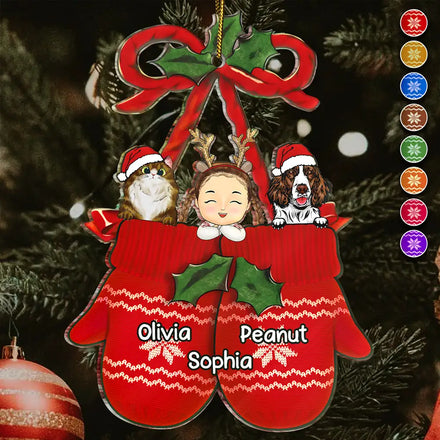 Décoration de Noël personnalisée en acrylique avec motif chien, chat et enfant à l'intérieur des gants 