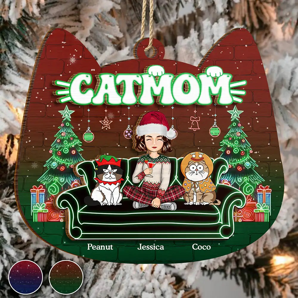 Cat Mom Neon Christmas Light Style - Personalized 2-Layered Wooden Ornament