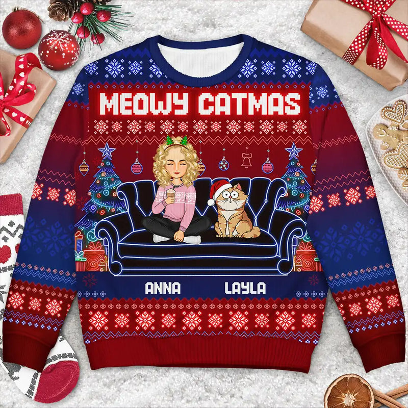 Christmas,Pet Lovers,Dog Lovers,Cat Lovers,Gift For Yourself,Happy - Happy Pawlidays Cartoon Dogs Cats Neon Christmas Light Style - Personalized Unisex Ugly Sweater