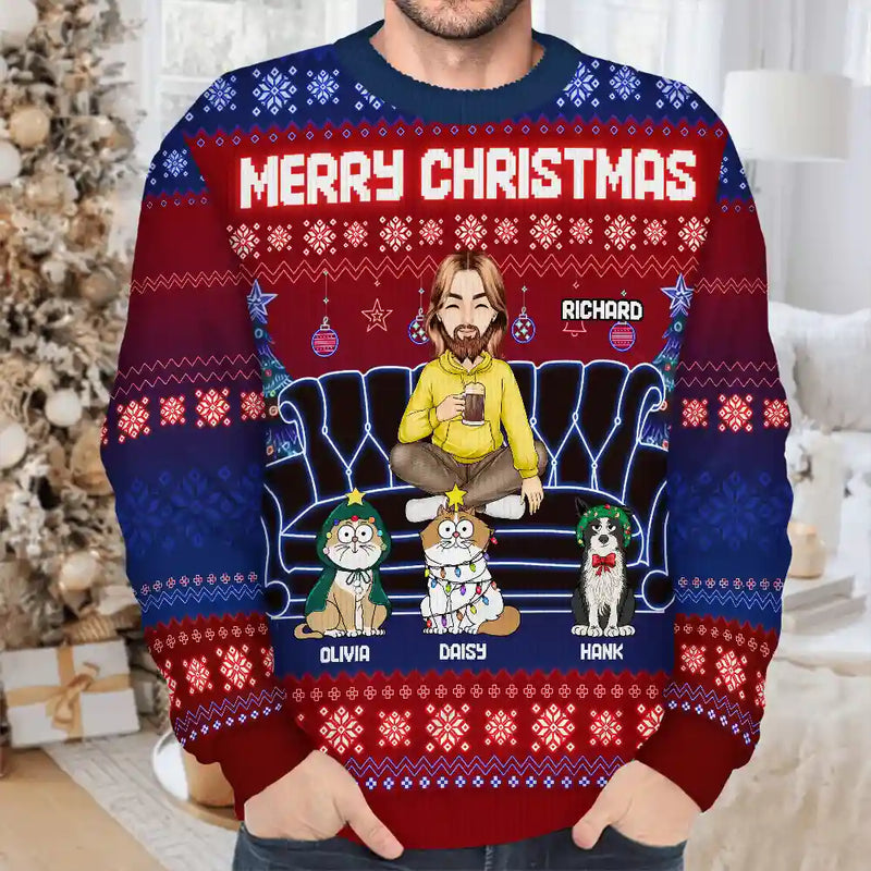 Christmas,Pet Lovers,Dog Lovers,Cat Lovers,Gift For Yourself,Happy - Happy Pawlidays Cartoon Dogs Cats Neon Christmas Light Style - Personalized Unisex Ugly Sweater